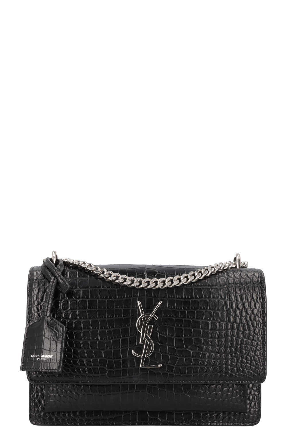 SAINT LAURENT Medium Sunset Croco Embossed Crossbody Bag Black REAWAKE