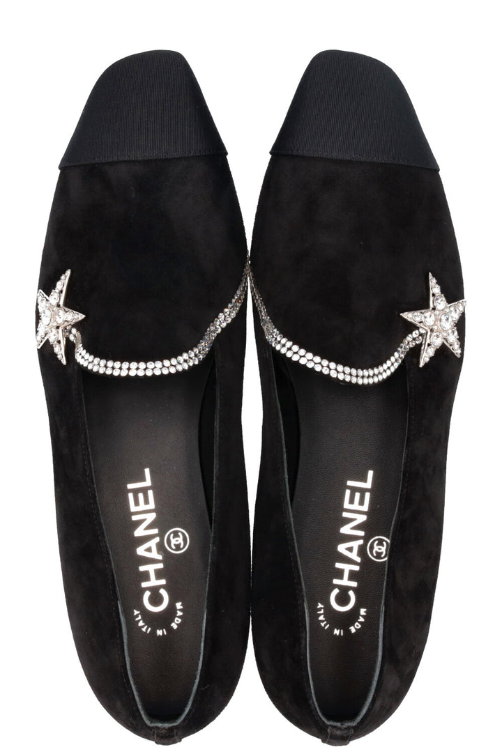 CHANEL Star Crystal Flats Suede Black