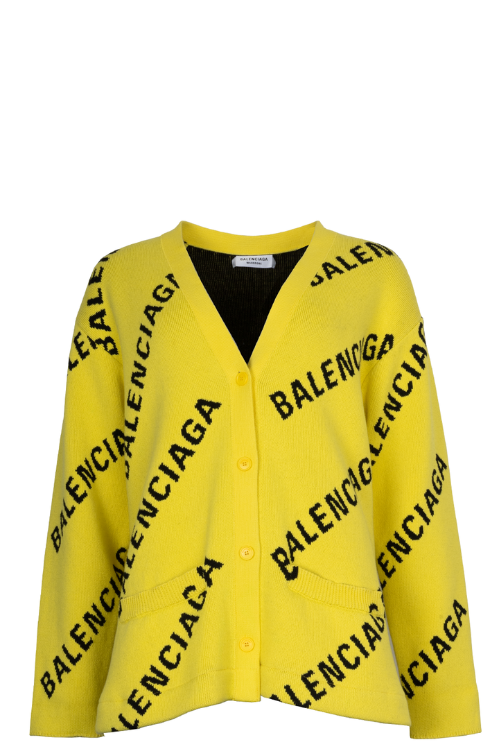 BALENCIAGA Allover Logo V Neck Cardigan Yellow