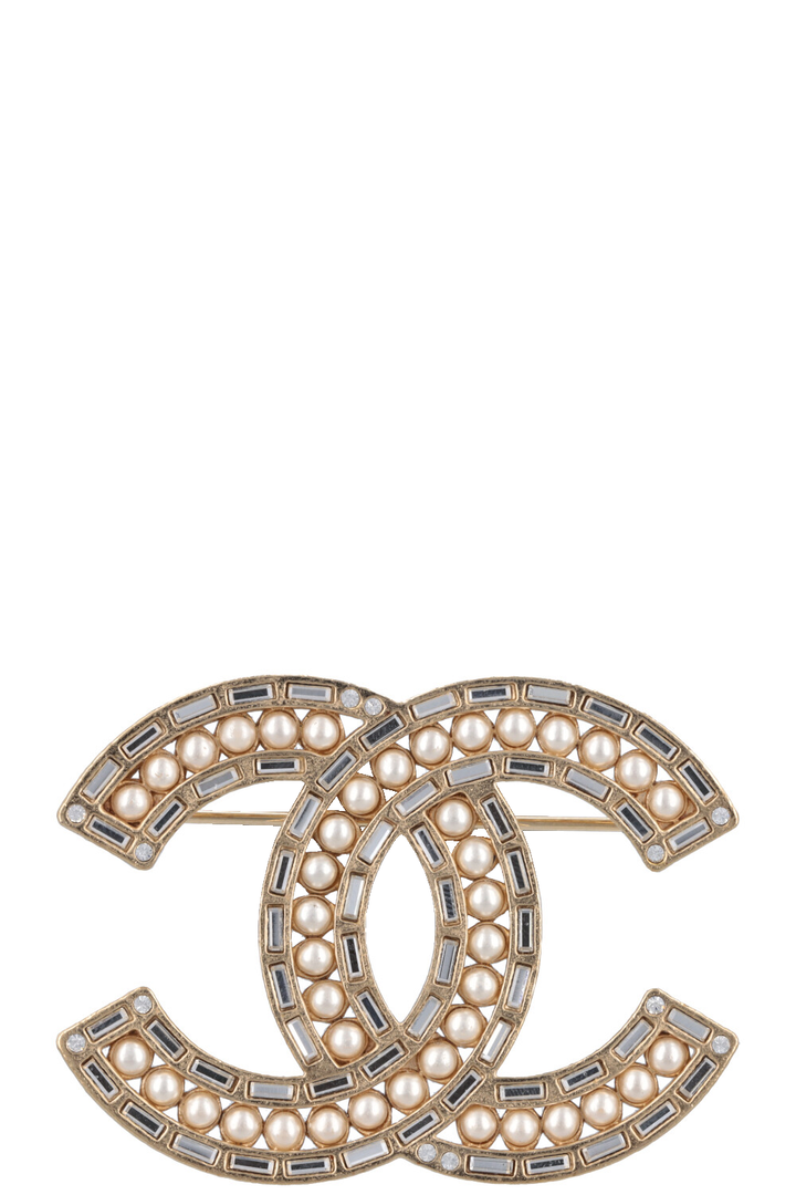 CHANEL 2017 CC Brooch Pearl Crystals Gold