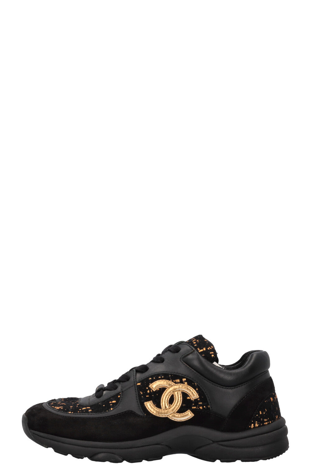 CHANEL Tennis Sneakers Tweed Black Gold