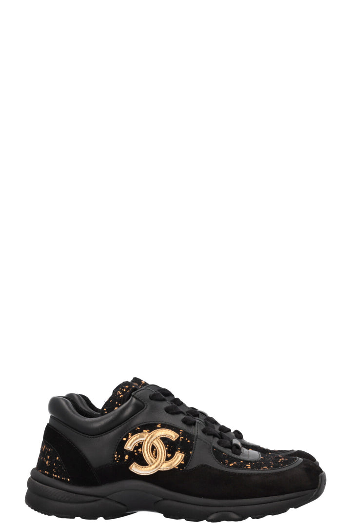 CHANEL Tennis Sneakers Tweed Black Gold