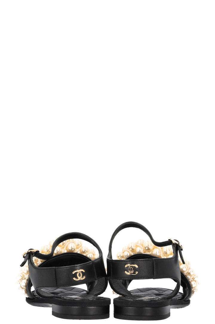 CHANEL Open Toe Pearl Sandal Flats Black