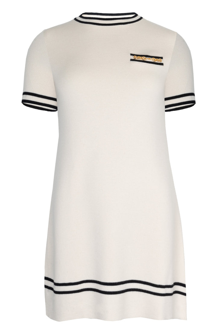 GUCCI Horsebit Contrast Trim Knit Mini Dress Ivory