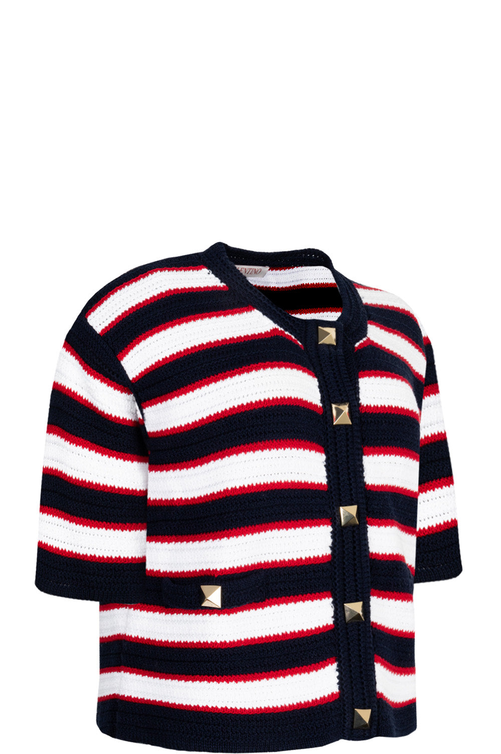 VALENTINO Roman Stud Knit Cardigan Striped Navy White Red