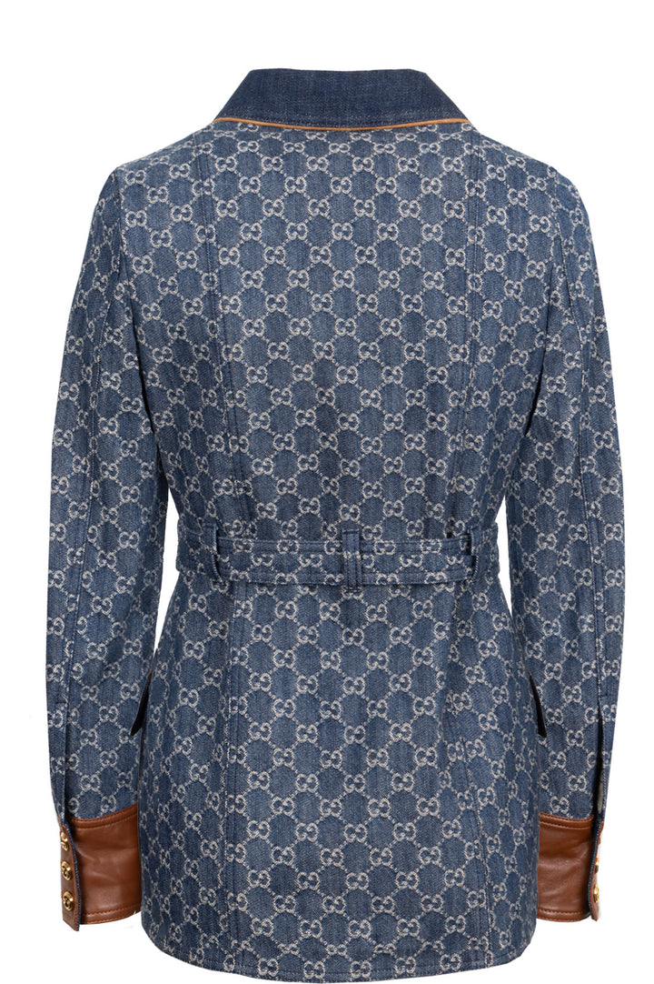 GUCCI Jacquard GG Leather Detail Denim Jacket