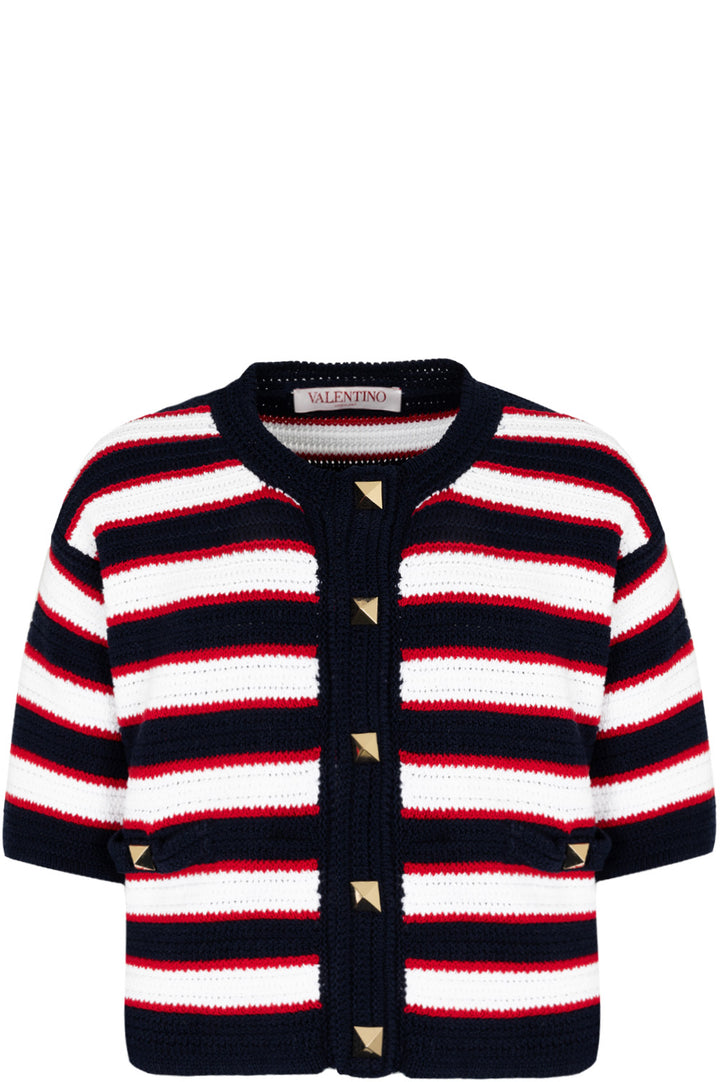 VALENTINO Roman Stud Knit Cardigan Striped Navy White Red