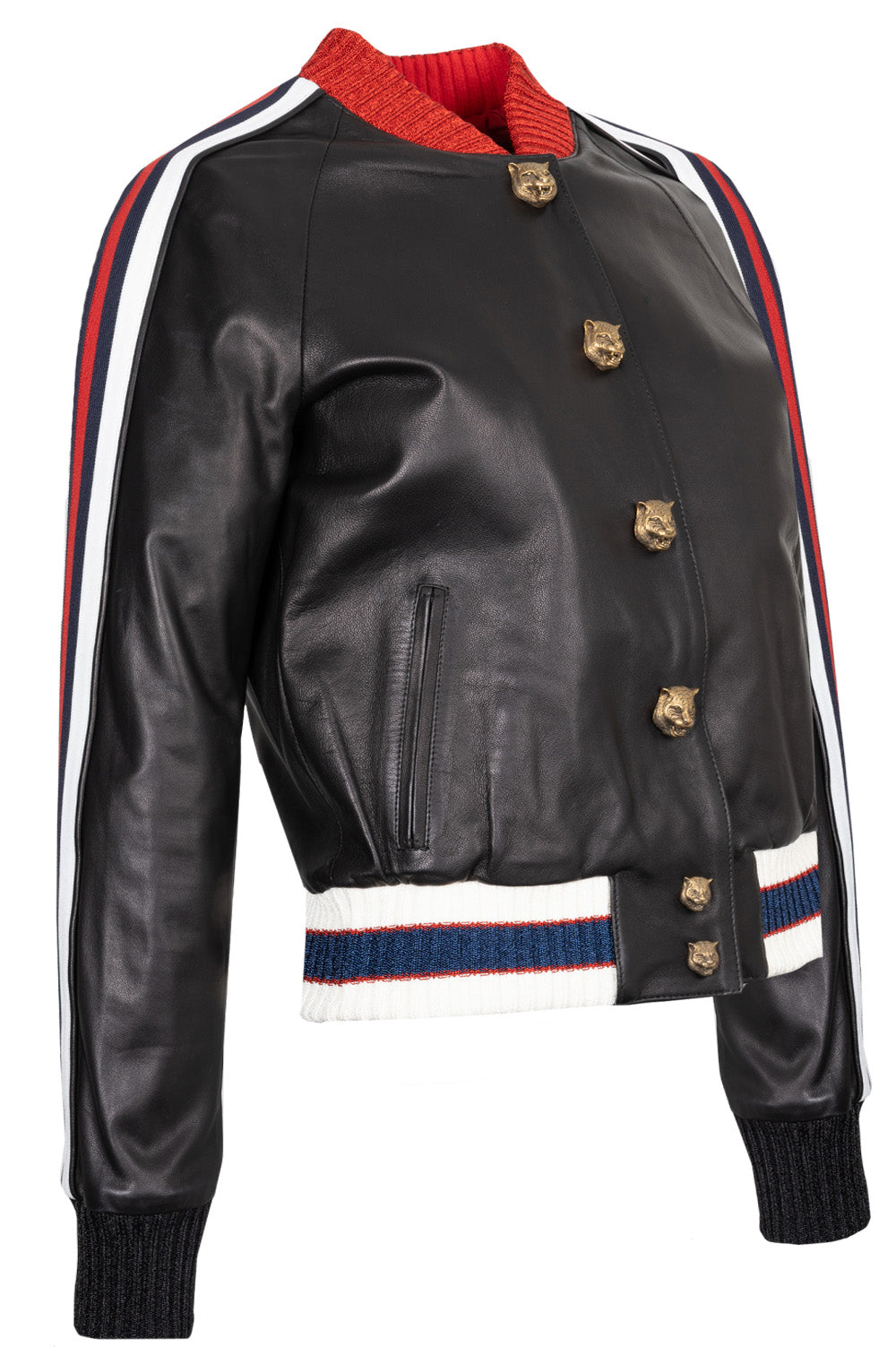 GUCCI Lion Head Leather Bomber Jacket Black REAWAKE