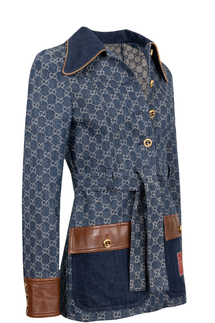 GUCCI Jacquard GG Leather Detail Denim Jacket