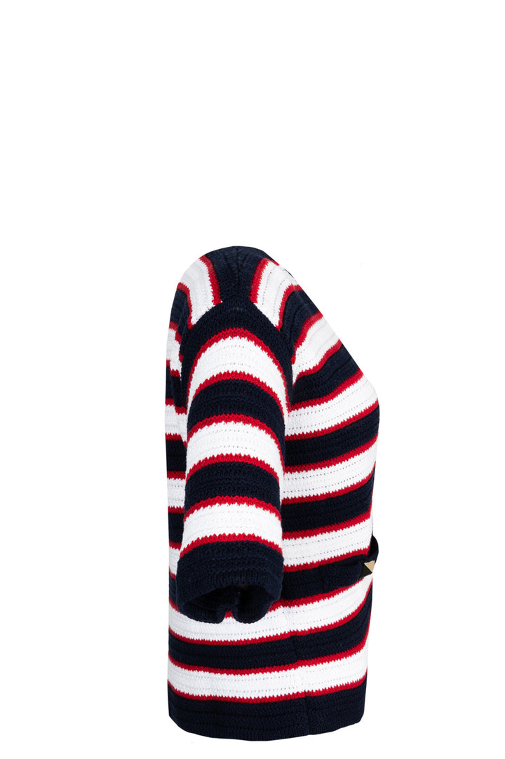 VALENTINO Cardigan Roman Stud Knit Rayé Marine Blanc Rouge