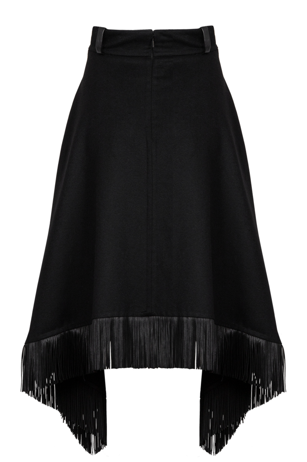 SAINT LAURENT 2020 Leather Fringed Midi Skirt Black Wool