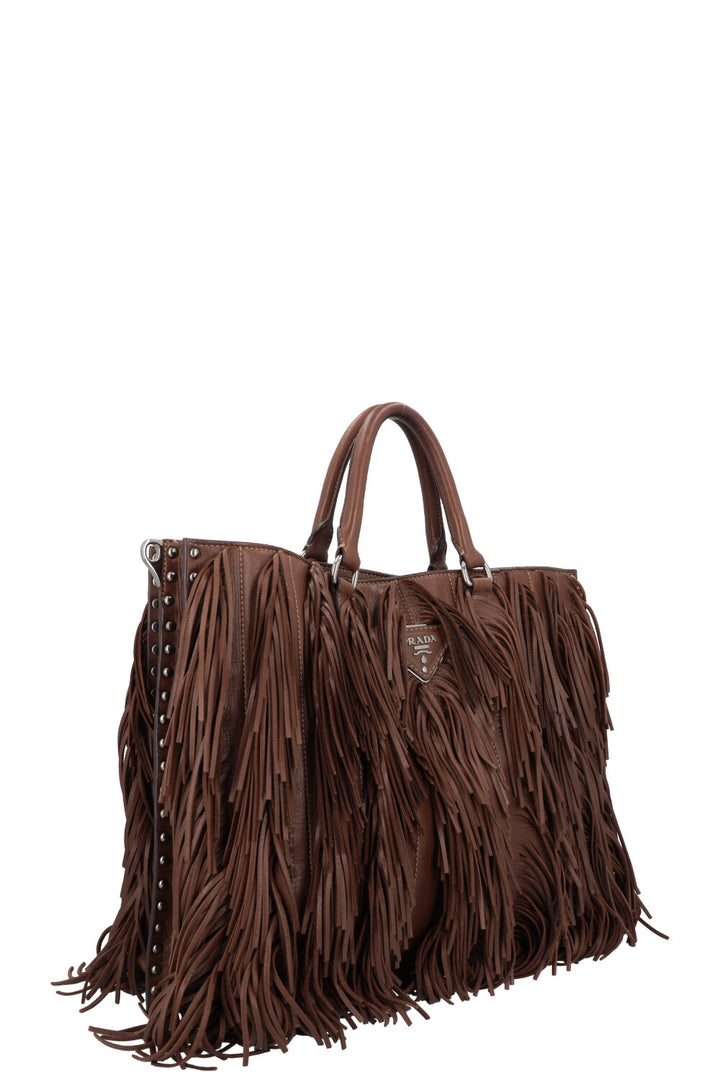 PRADA Fringed Noce Tote Bag Brown