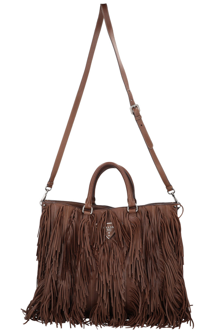 PRADA Fringed Noce Tote Bag Brown