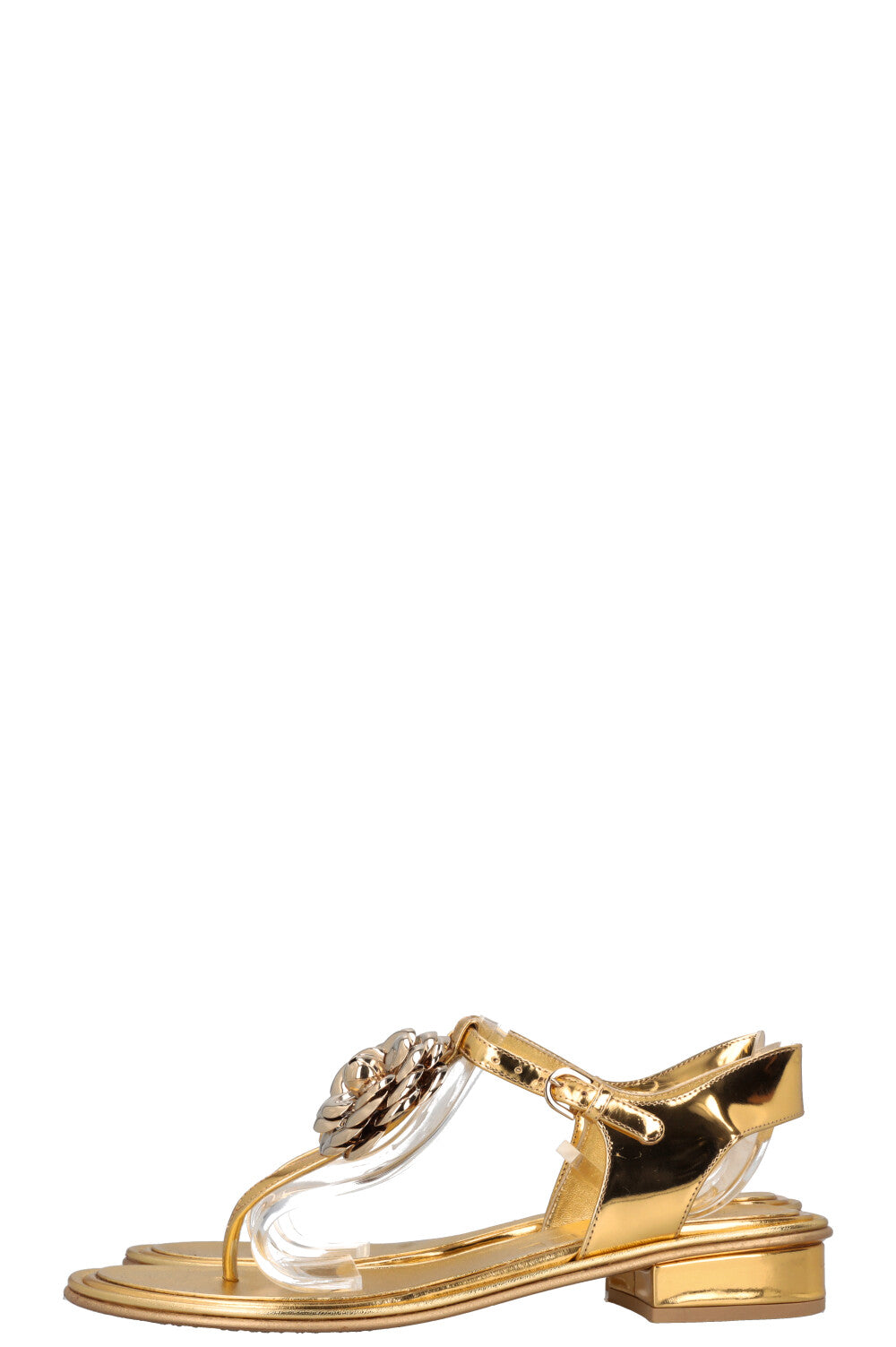 CHANEL Metal Camellia Sandals Gold