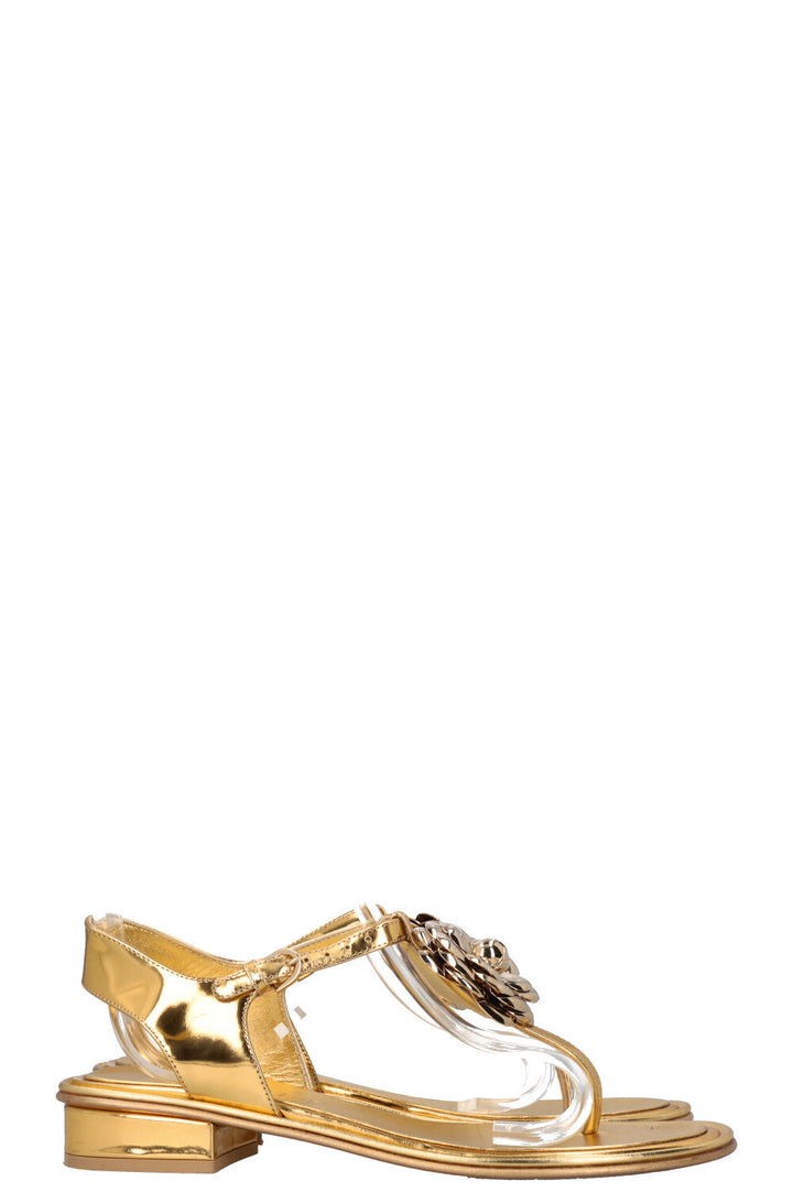 CHANEL Metal Camellia Sandals Gold