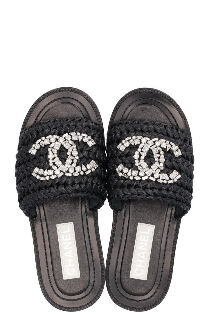 CHANEL 2023 Raffia CC Crystal Flats Black