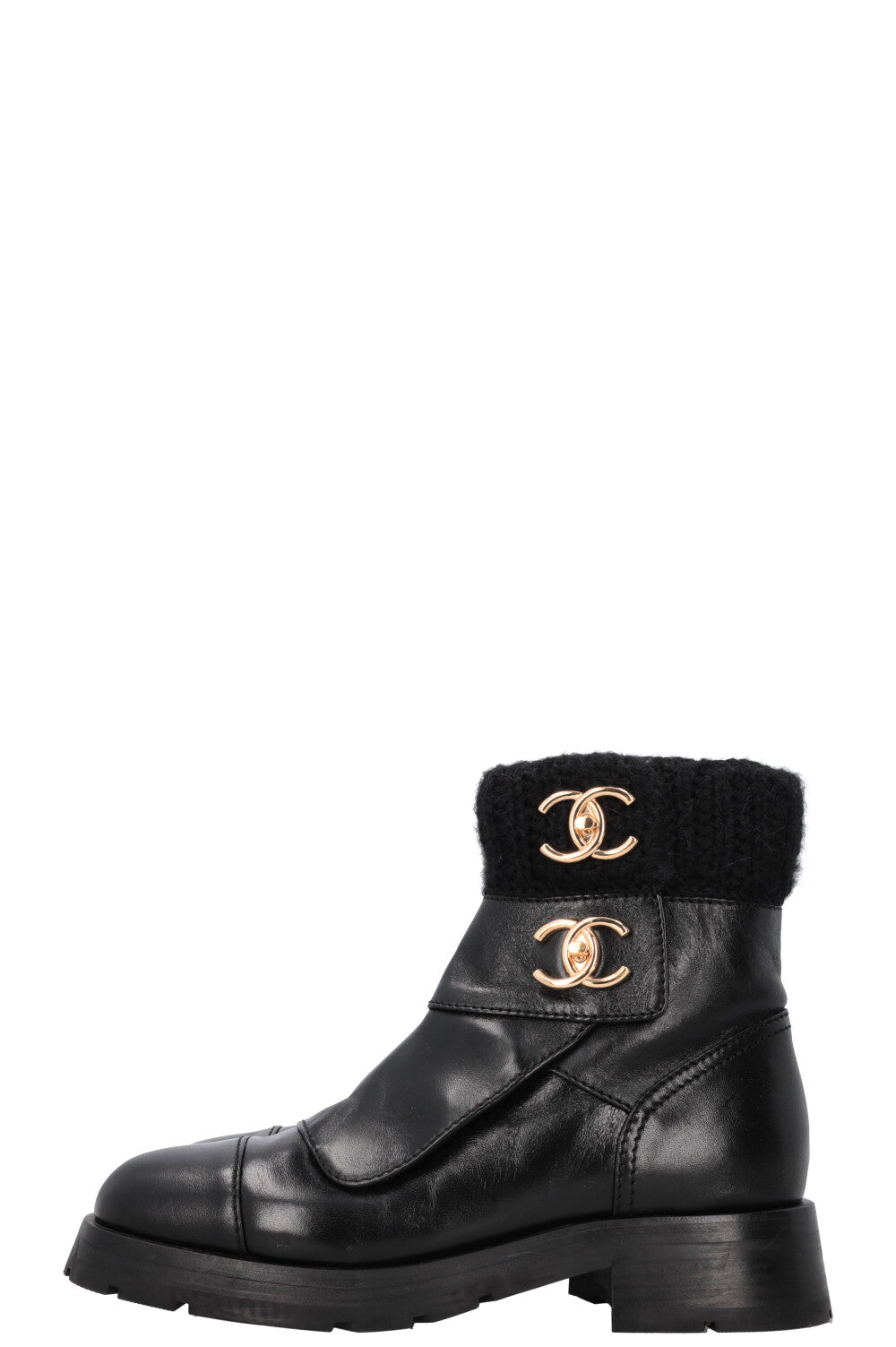 CHANEL CC Turnlock Knit Boots Leather Black