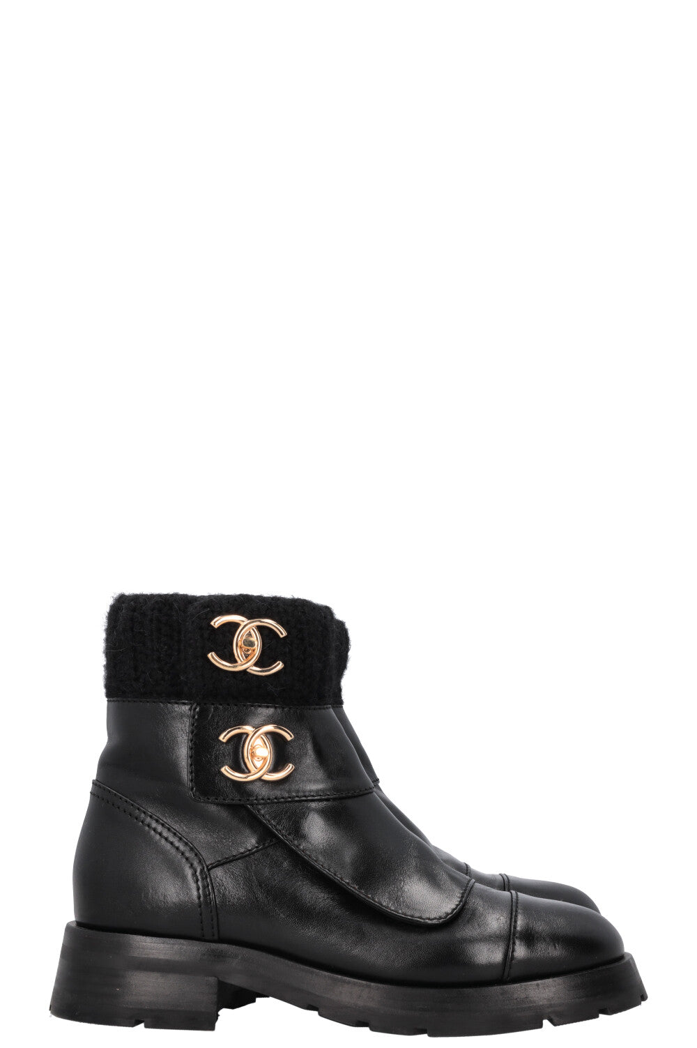 CHANEL CC Turnlock Knit Boots Leather Black REAWAKE