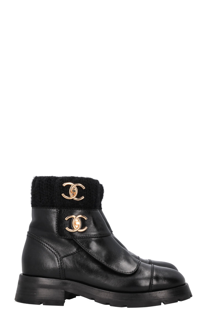 CHANEL CC Turnlock Knit Boots Leather Black