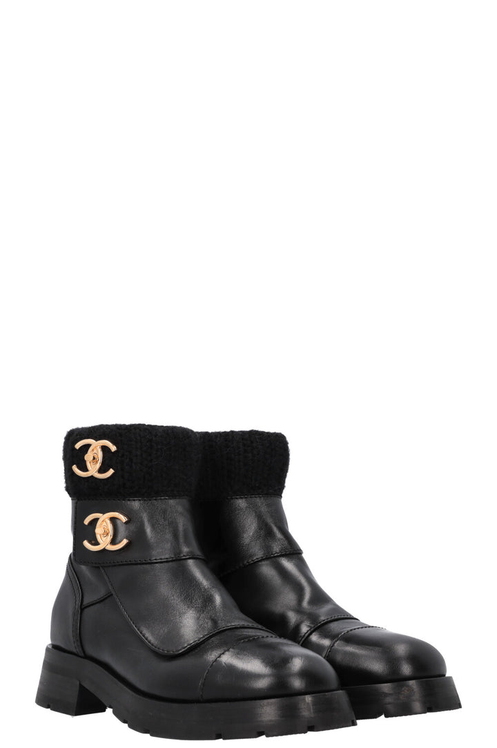 CHANEL CC Turnlock Knit Boots Leather Black