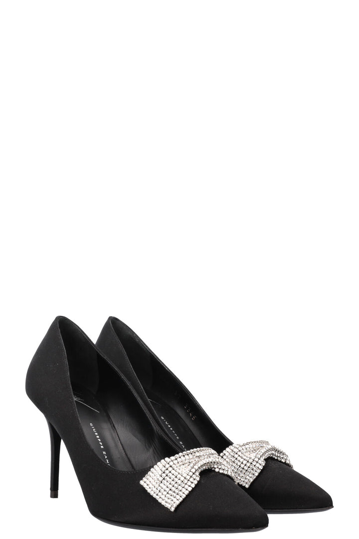 GIUSEPPE ZANOTTI Rhinestone Bow Heels Satin Black