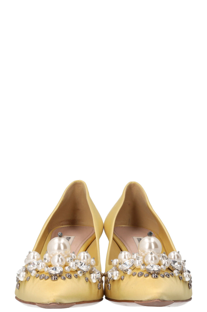 MIU MIU Pearl Embellished Heels Satin Creme