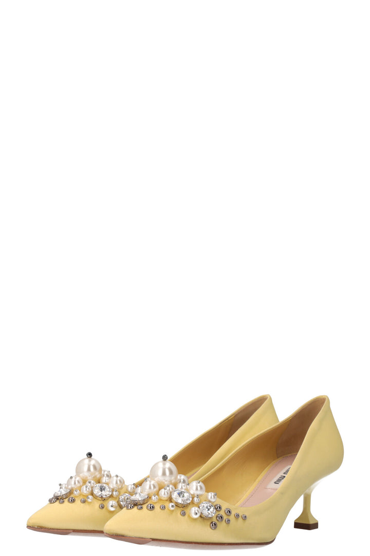 MIU MIU Pearl Embellished Heels Satin Creme