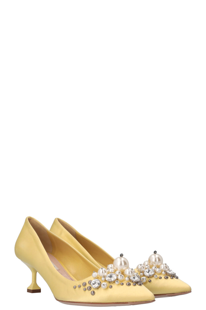 MIU MIU Pearl Embellished Heels Satin Creme