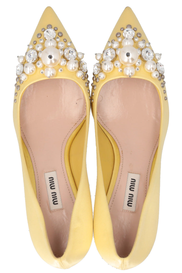 MIU MIU Pearl Embellished Heels Satin Creme