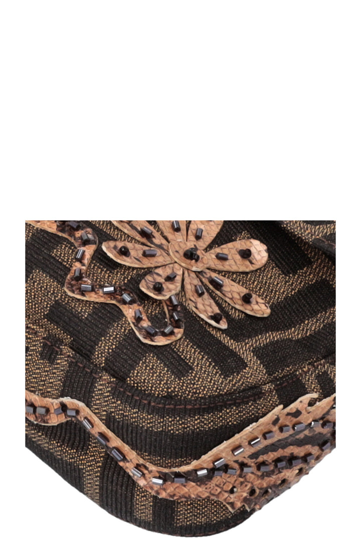 FENDI Zucca Floral Embrodiered Baguette Shoulder Bag Print Canvas