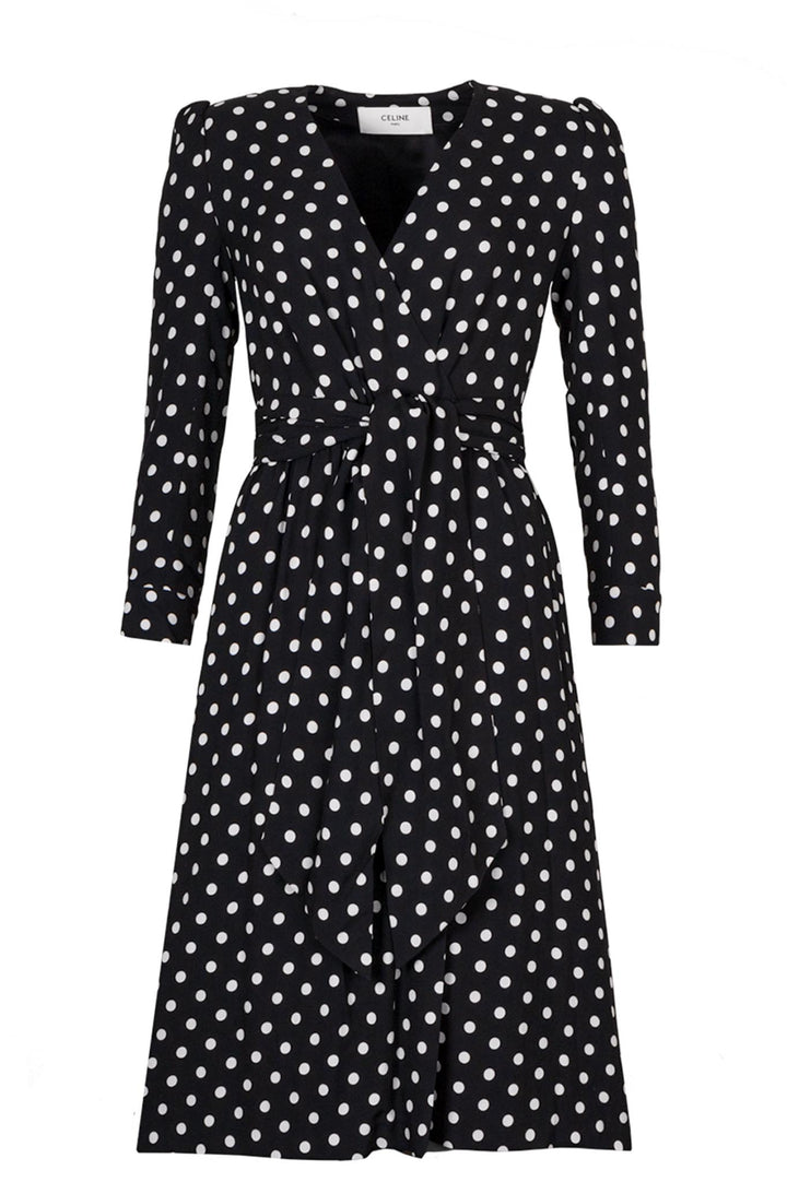 CELINE Polka Dot Wrap Dress Black White