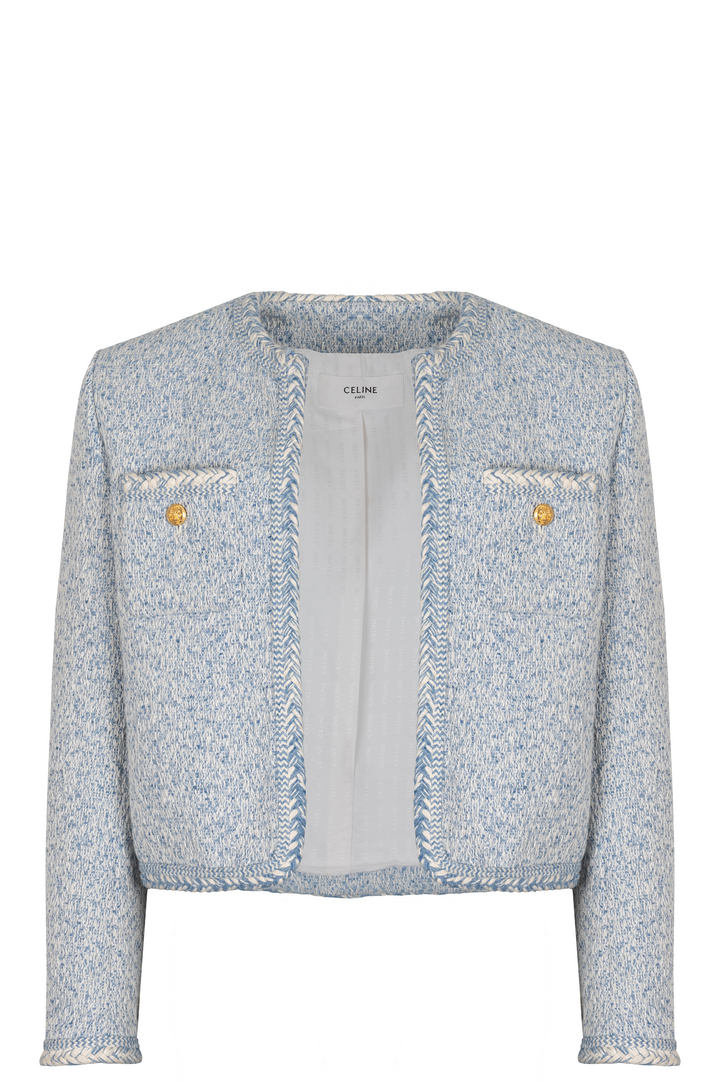 CELINE Patch Pocket Tweed Jacket Blue