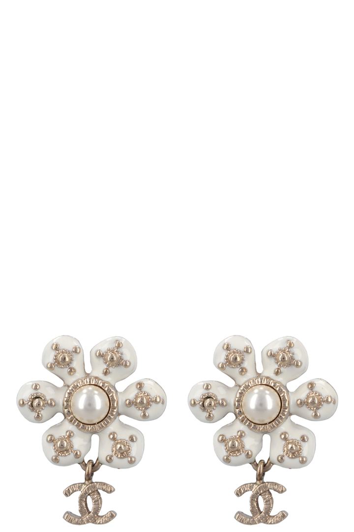 CHANEL 2018 White Enamel Flower CC Earrings