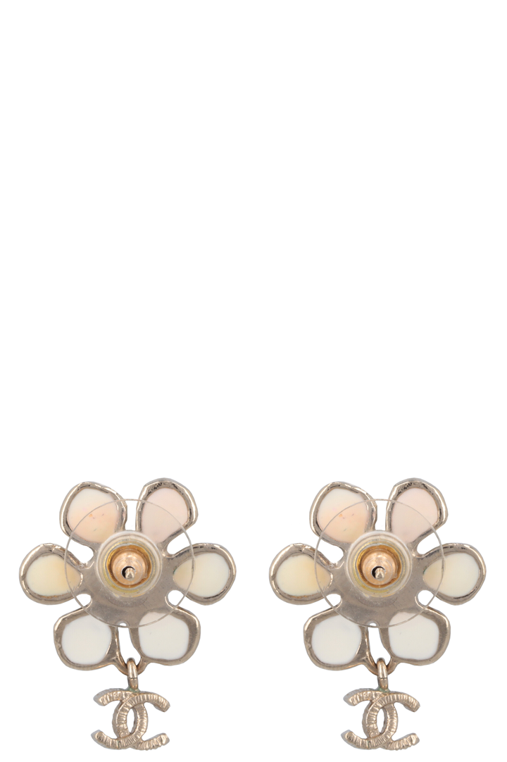 CHANEL 2018 White Enamel Flower CC Earrings