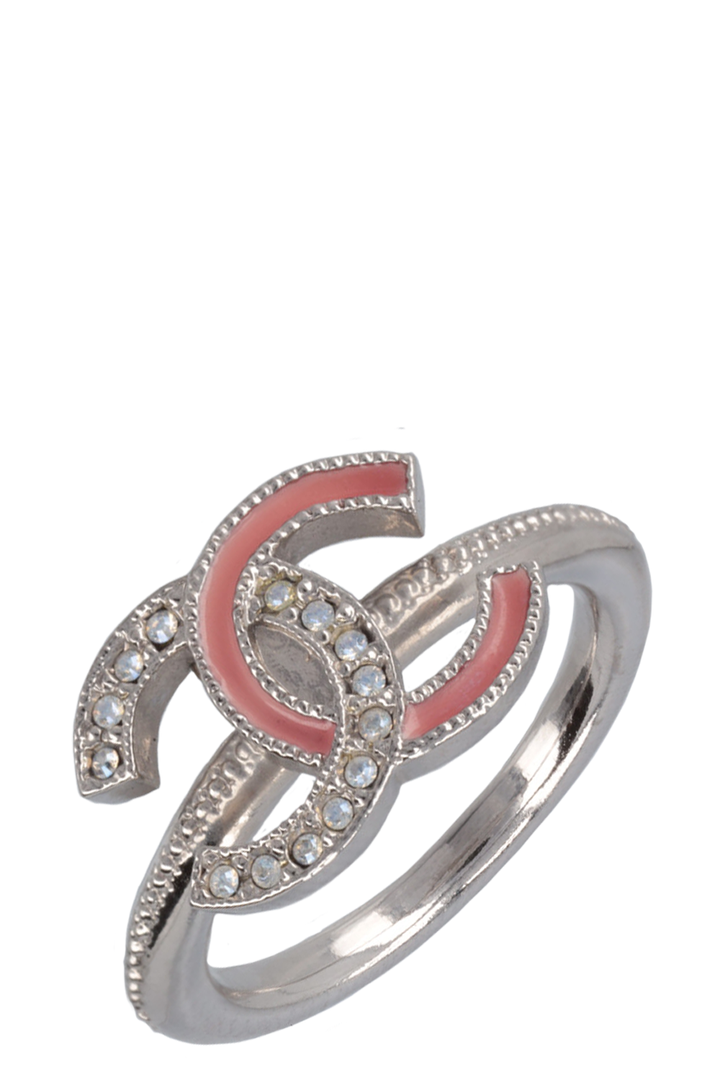 CHANEL 2017 Rhinestones CC Ring Silver Pink