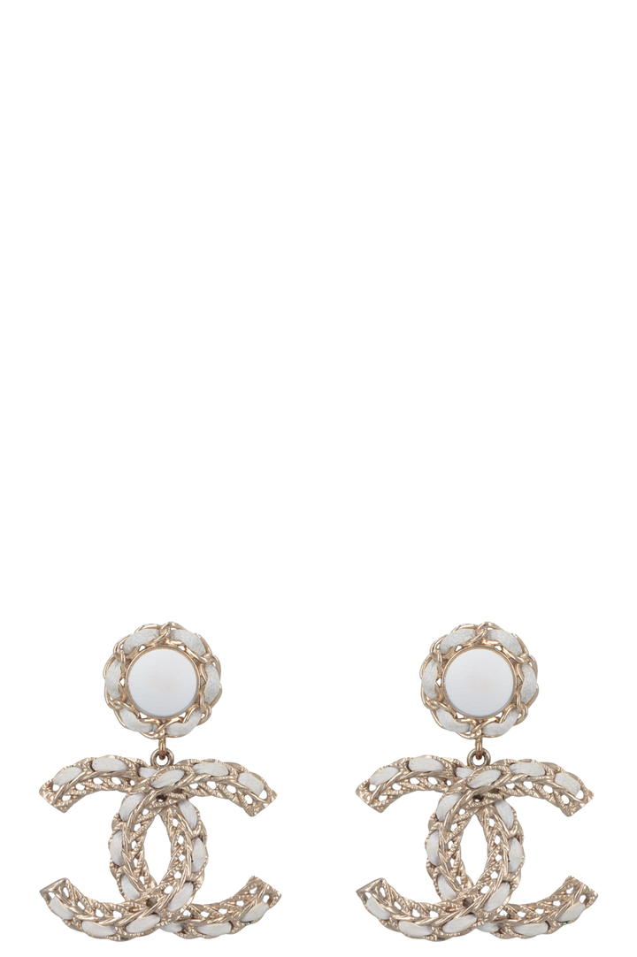 CHANEL 2022 Chain CC Drop Earrings White Gold