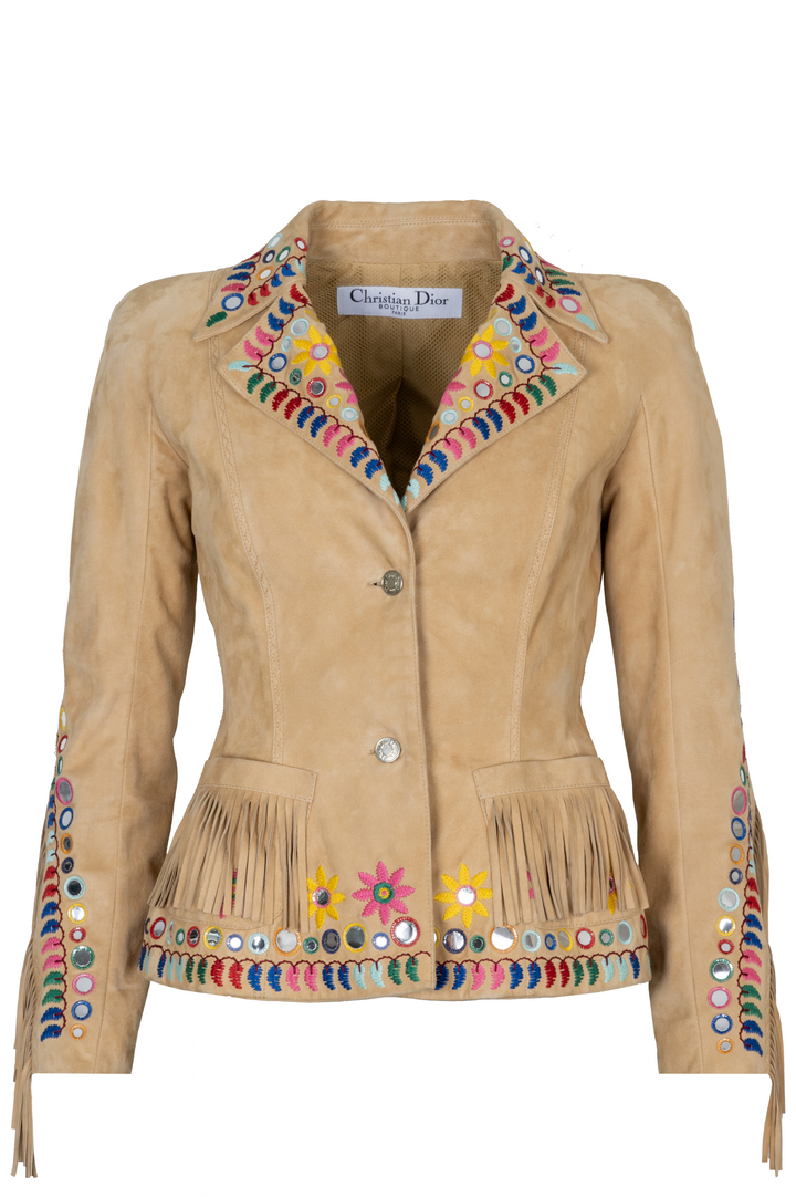 CHRISTIAN DIOR Embroidered Fringed Suede Leather Jacket