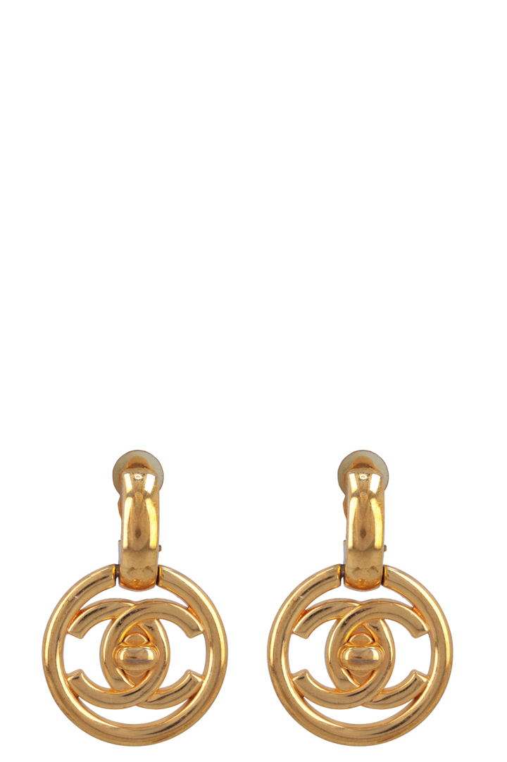 CHANEL 1997 CC Turnlock Drop Ear Clips Gold