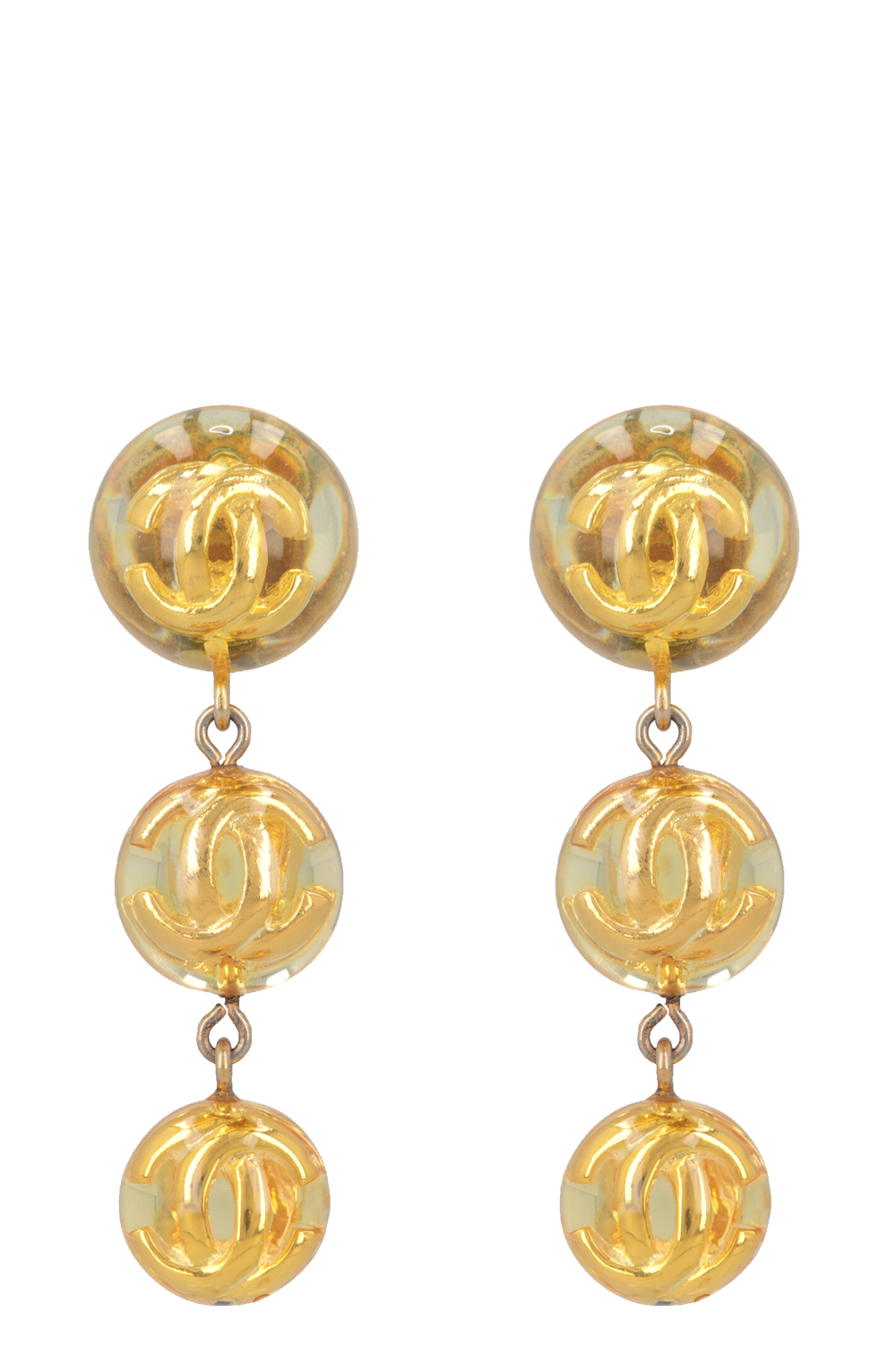 CHANEL 1990 Long CC Lucite Ball Drop Ear Clips Gold