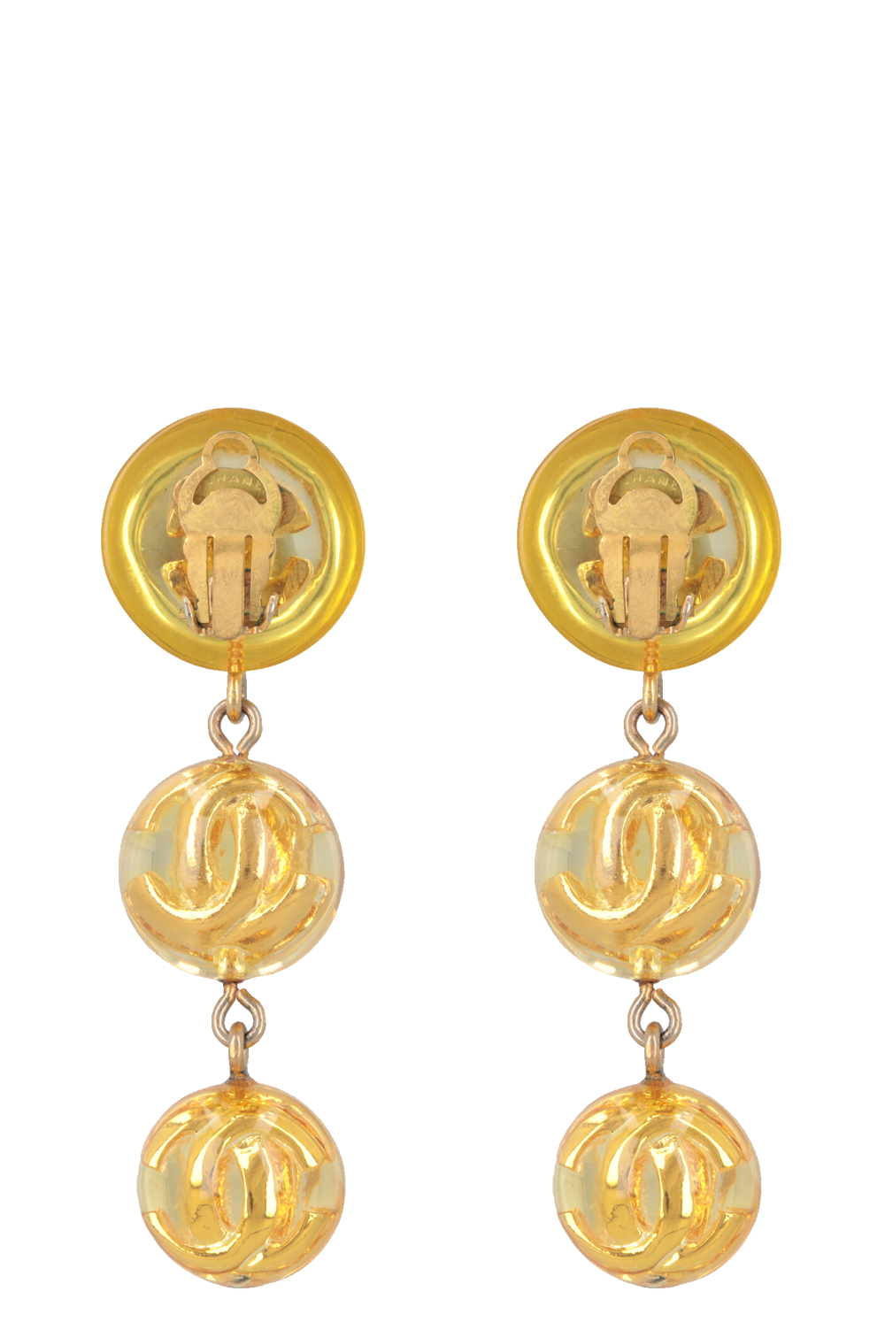 CHANEL 1990 Long CC Lucite Ball Drop Ear Clips Gold