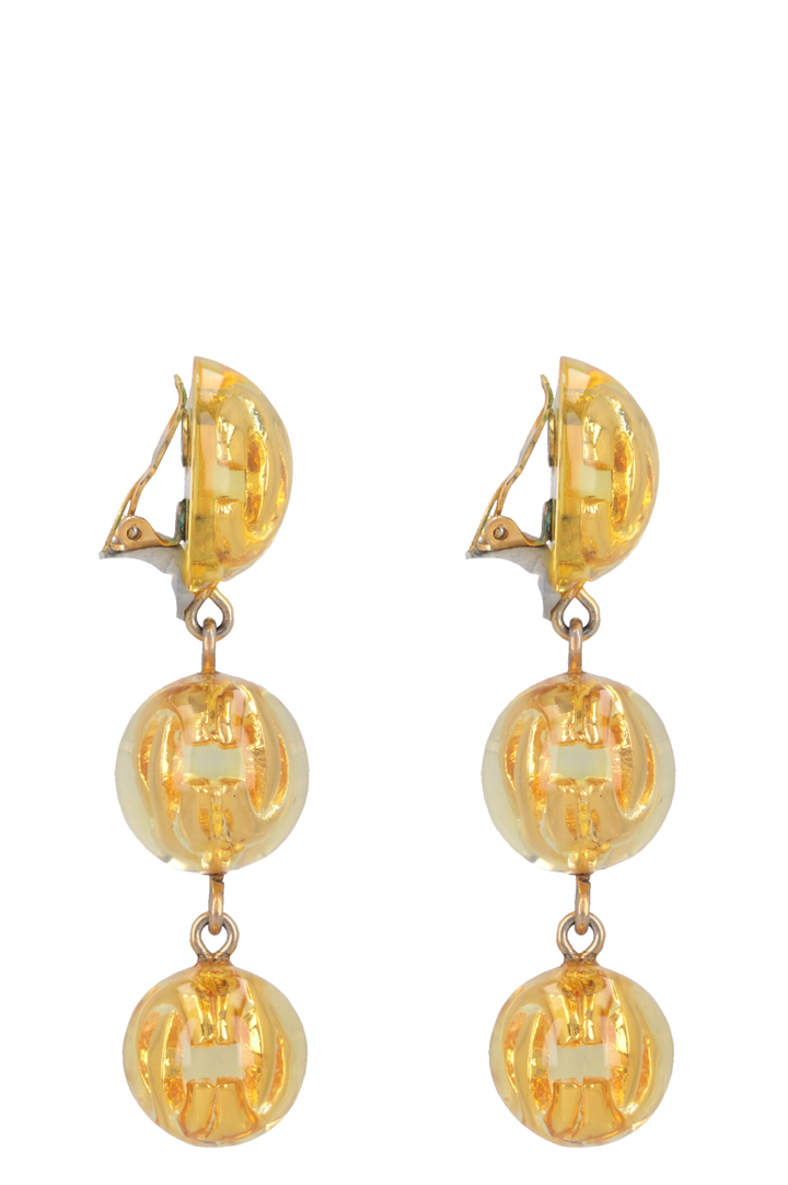 CHANEL 1990 Clips d'oreilles longs CC Lucite Ball Drop Or