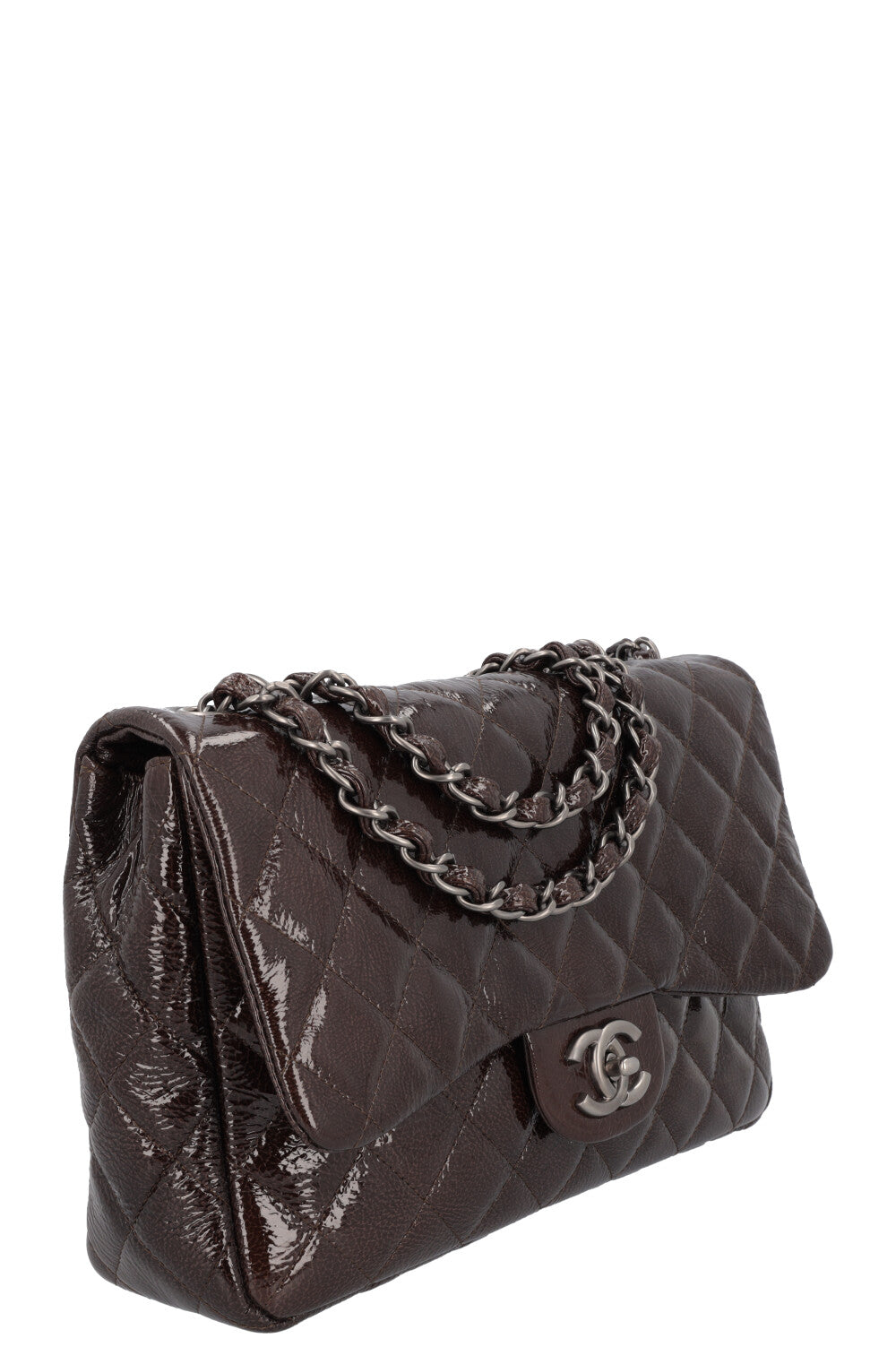 CHANEL Single Flap Verni Marron