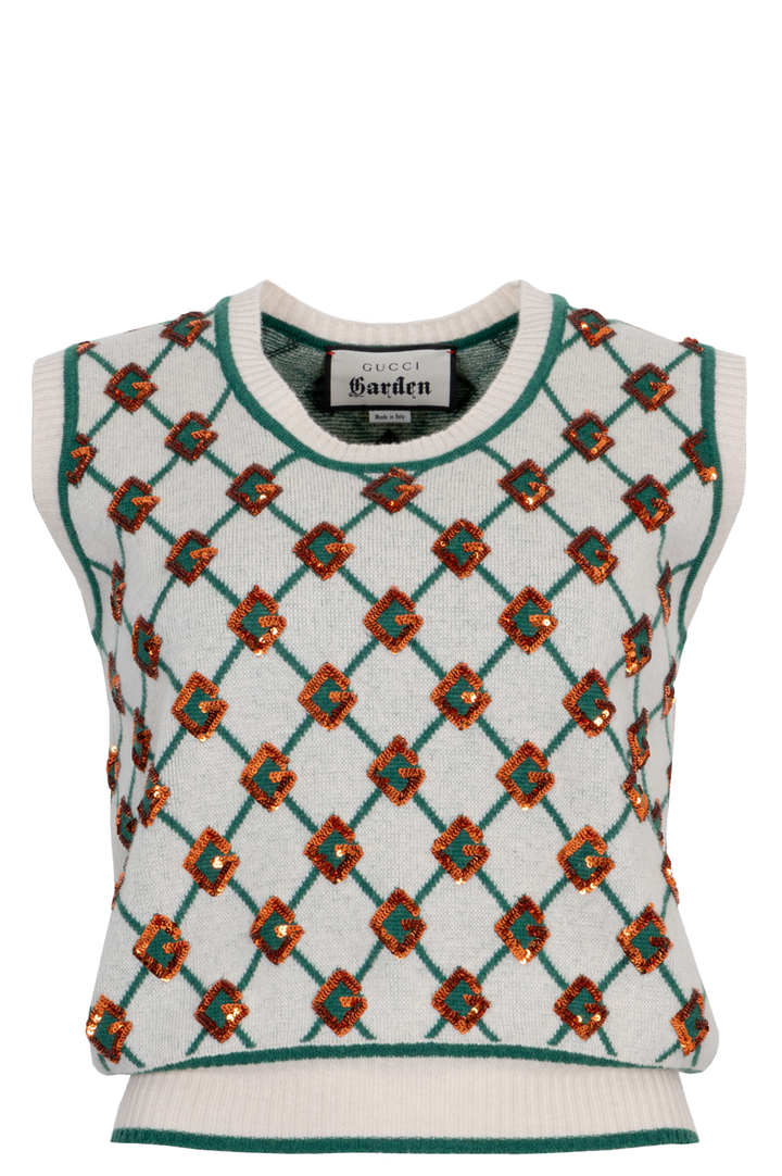 GUCCI Garden GG Knit Top Wool Sequins Green White