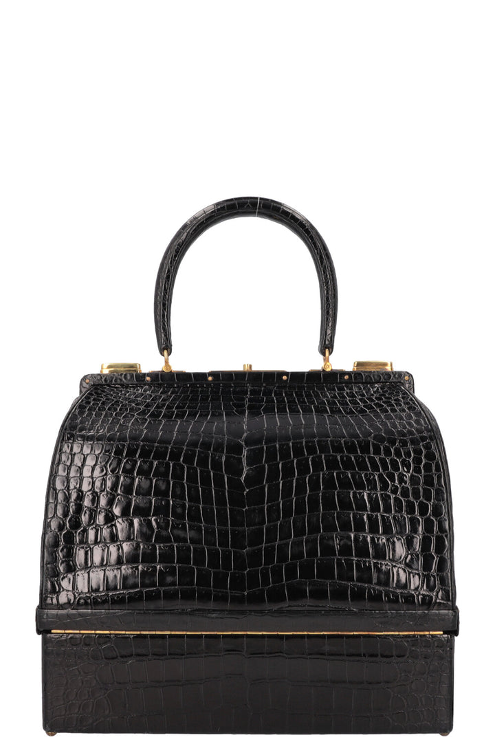 HERMÈS Mallet Top Handle Bag Shiny Croco Black