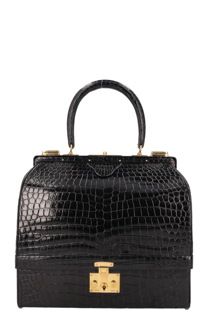 HERMÈS Mallet Top Handle Bag Shiny Croco Black