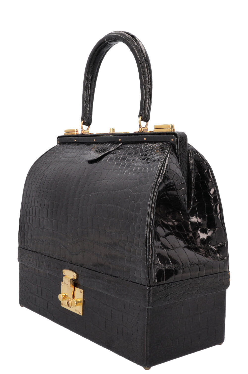 HERMÈS Mallet Top Handle Bag Shiny Croco Black