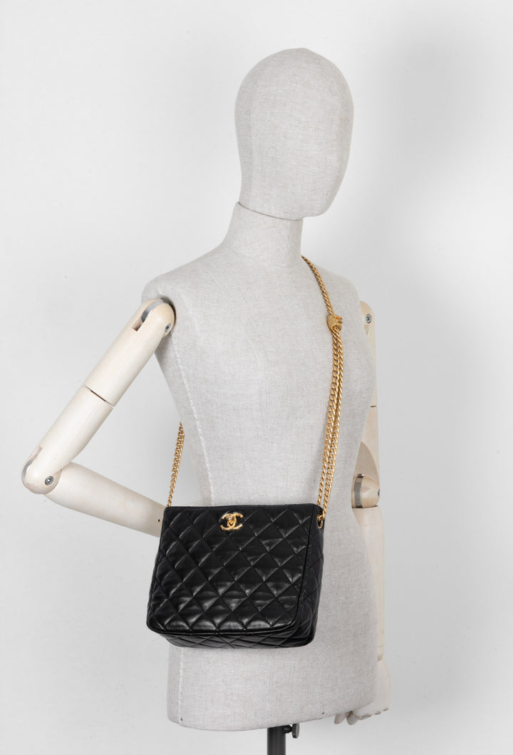 CHANEL Pearl Crush Quilted Hobo Bag Leather Black