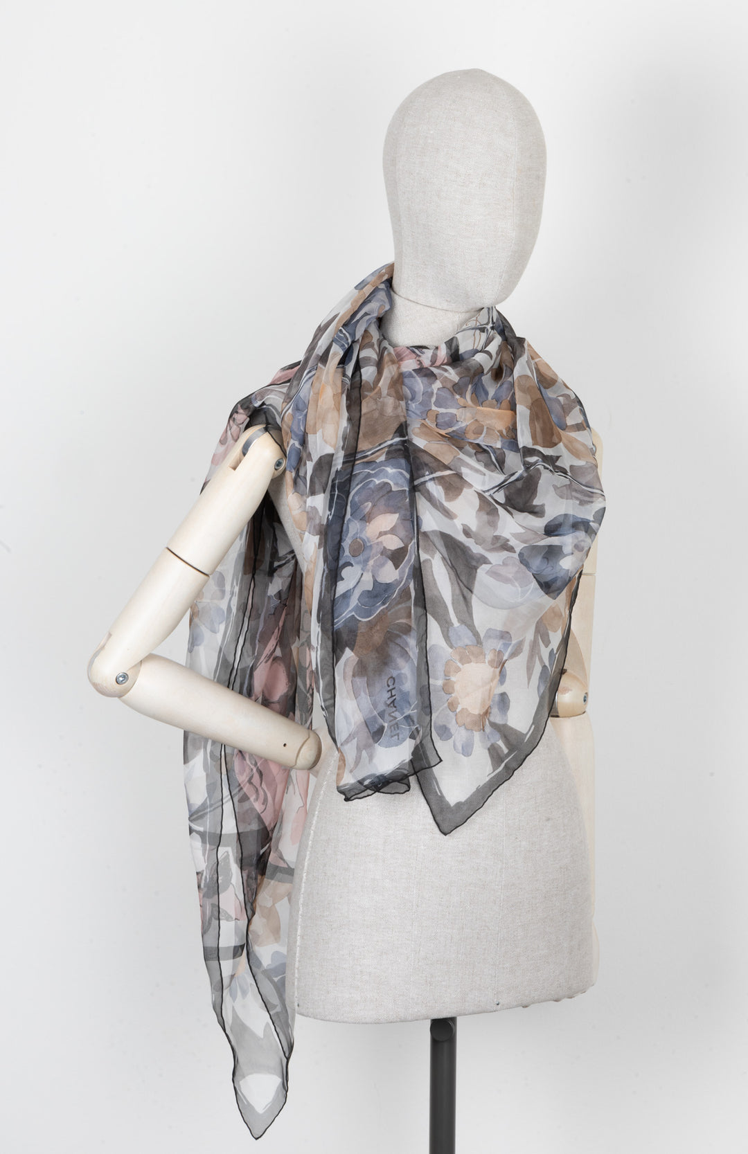 CHANEL Camellia Print Mousseline Scarf