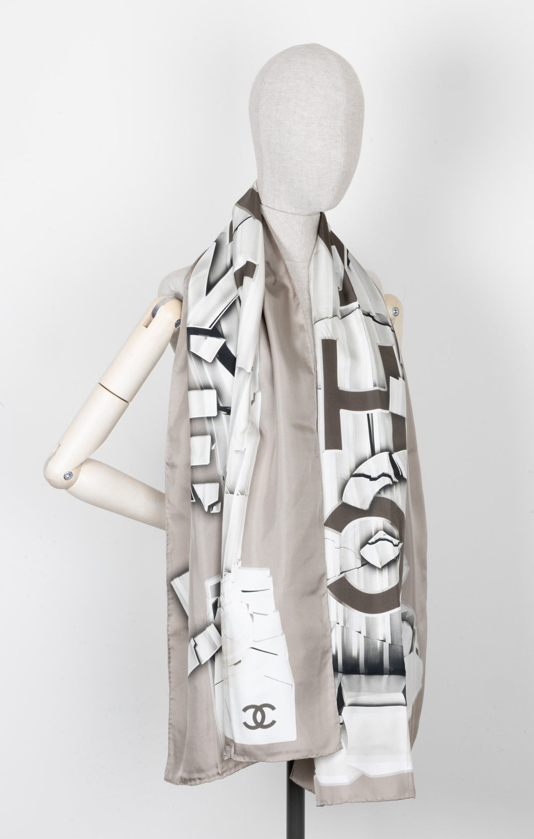 CHANEL Logo Splitted Scarf Grey Silk