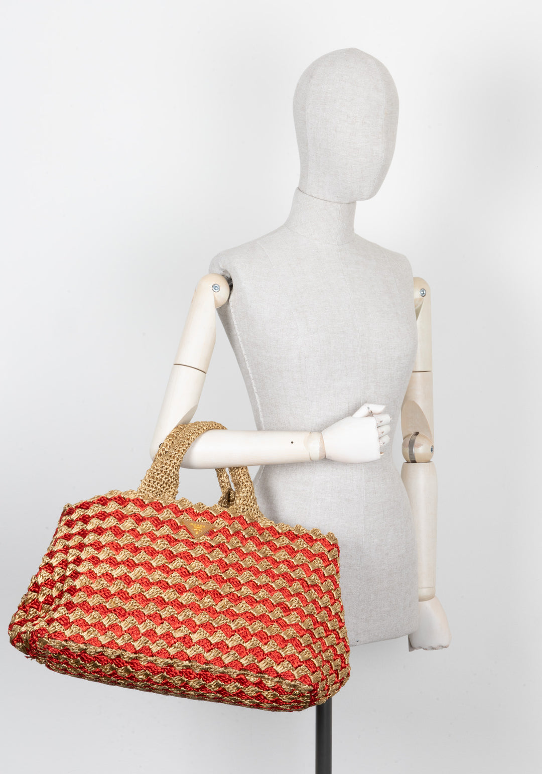 PRADA Tote Bag Raffia Gold Red